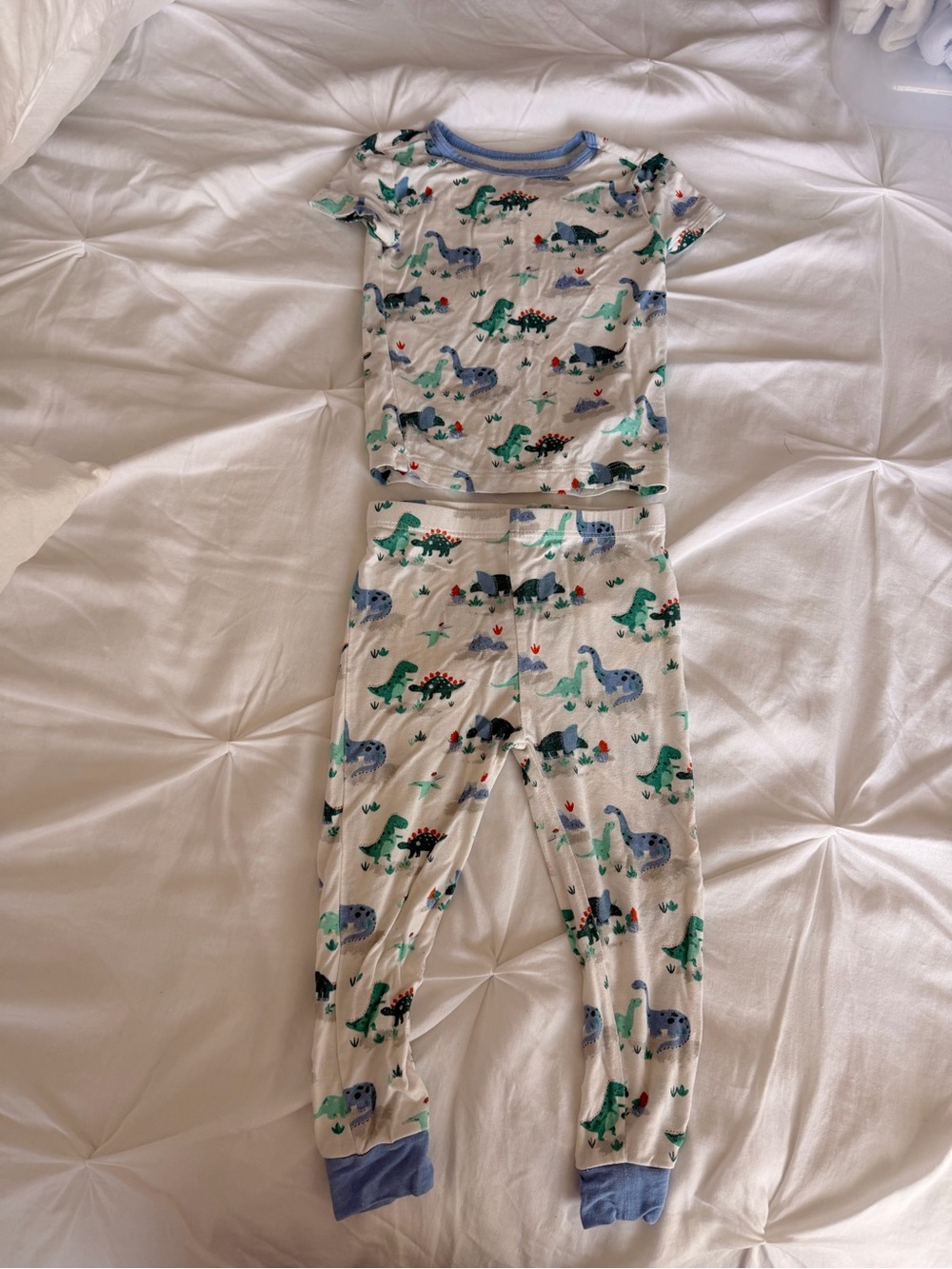 Little Me White Pajama Set with Blue and Green Dinosaurs